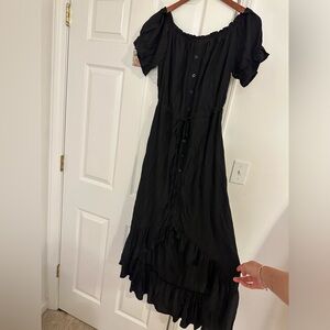 M black ruffle hem button up flowy dress high-low off-shoulder